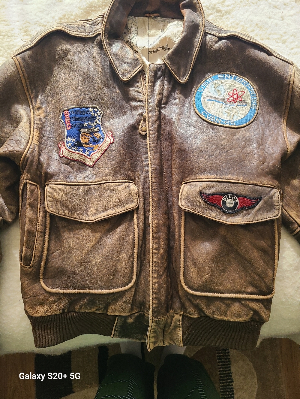 Vintage Brown Leather Flight Jacket with Embroidered Patches